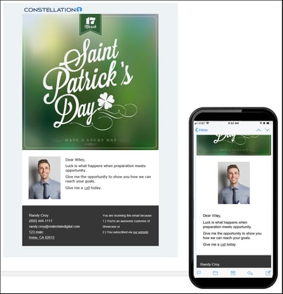 In the background: a colorful and vibrant email newsletter with a green image saying “Happy Saint Patrick’s Day” followed by a shamrock. A real estate agent headshot appears below at left with a customized message at right. In the foreground: the same image, but shown on a mobile phone screen.