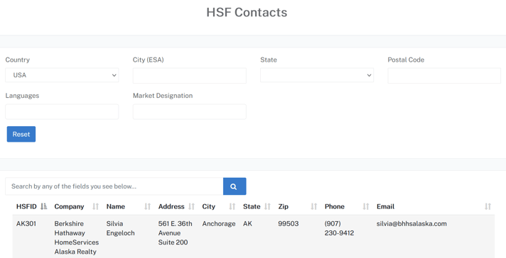 Screenshot of the HSF network search page where relocation customers can find a fellow network member by searching the HSF database.