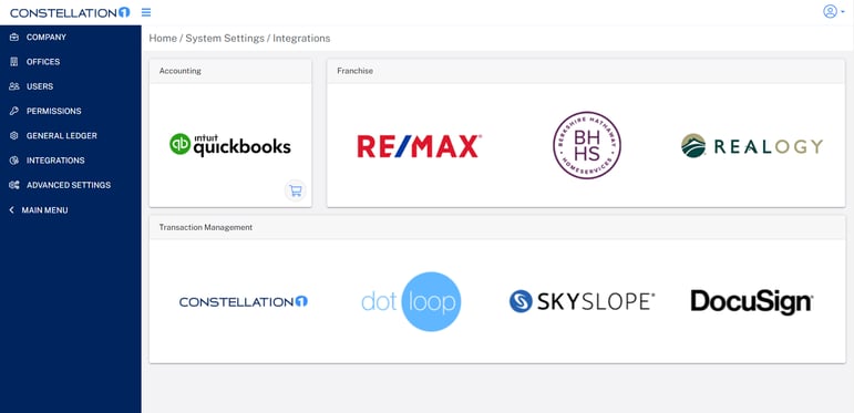 Screenshot of Constellation1 Commissions integrations, including QuickBooks online, for seamless communication between apps