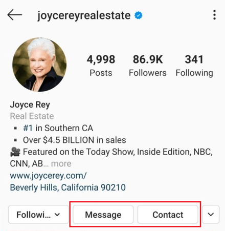 Profile page of real estate agent Joyce Rey with a callout on contact buttons