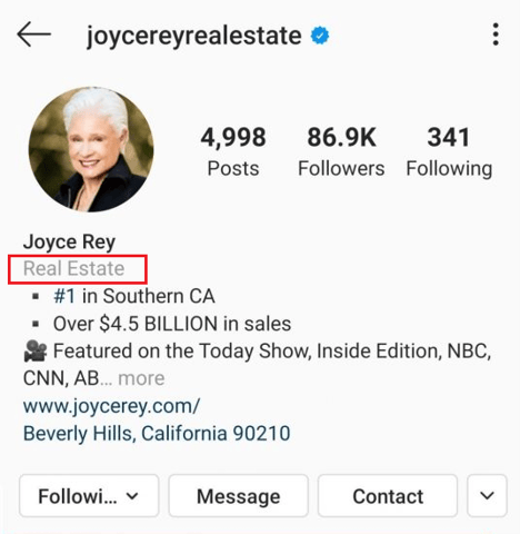 Profile page of real estate agent Joyce Rey with a callout on industry name