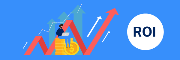 Graphic illustration of a character sitting on money with arrows indicating growth, and a wheel that reads ROI.