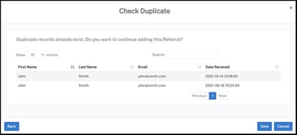 Example of Constellation1 Relocation’s new duplicate contact checker. There are two John Smiths in the system, and this image shows how the user interface will look to notify the user of this fact. There are four columns with values and three blue navigation buttons at the bottom.