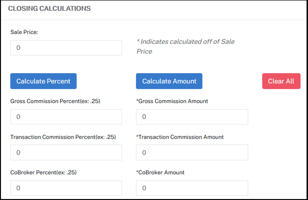 The Closing Calculations section of the Relocation solution showing the new red Clear All button, which helps admins work more quickly and adjust pre-populated calculations easily.