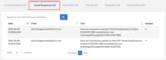 A four-column table with six tabs at the top for emails received within the Constellation1 Relocation software. The selected Email Responses tab filters messages by recipient and example messages are displayed in the table. 