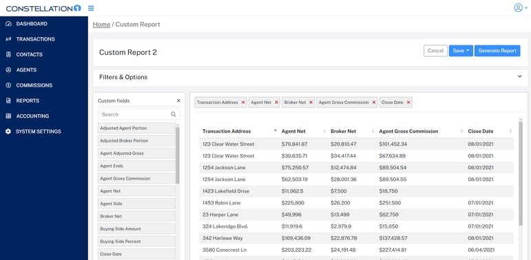 Screenshot of customizable drag-and-drop reports for visualizing key commissions data in the Constellation1 Commissions app