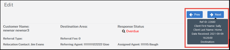 The Client Record section of Constellation1 Relocation with a red callout over the newly added Previous and Next buttons with an example of the bubble showing the Next client record you can navigate to.