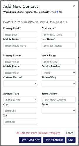 Alt text A view of the “Add New Contact” modal within the Constellation1 CRM solution showing the various fields agents would fill in to add a new contact into their CRM from either their mobile device or desktop.