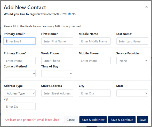 Alt text A view of the “Add New Contact” modal within the Constellation1 CRM solution showing the various fields agents would fill in to add a new contact into their CRM from either their mobile device or desktop.