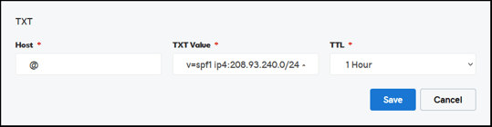 Field for saving a Text file with an SPF record to a web domain that will allow Constellation1 to send emails from that domain on customers’ behalf. There are three fields with values and Save and Cancel buttons at the bottom right.