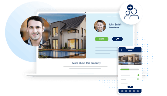 Graphic showing real estate website platform and a happy agent