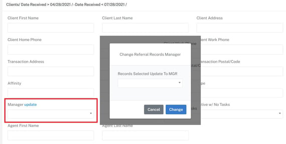 Screenshot of the modal to update the relocation manager for a specific real estate relocation lead.