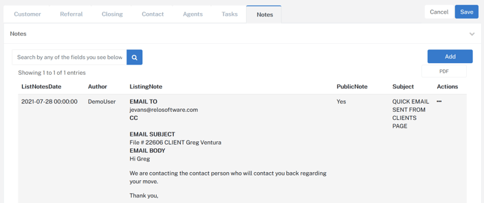 Screenshot of the Notes section for a relocation lead showing important correspondence between the relocation manager and the lead.