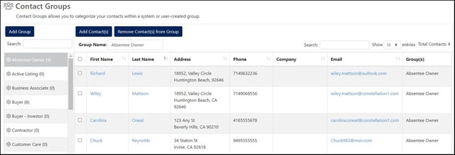 The Contact Group tab of the Constellaion1 CRM showing different content groups agents can interact with, with a navigation menu on the left and seven columns of data on the right.