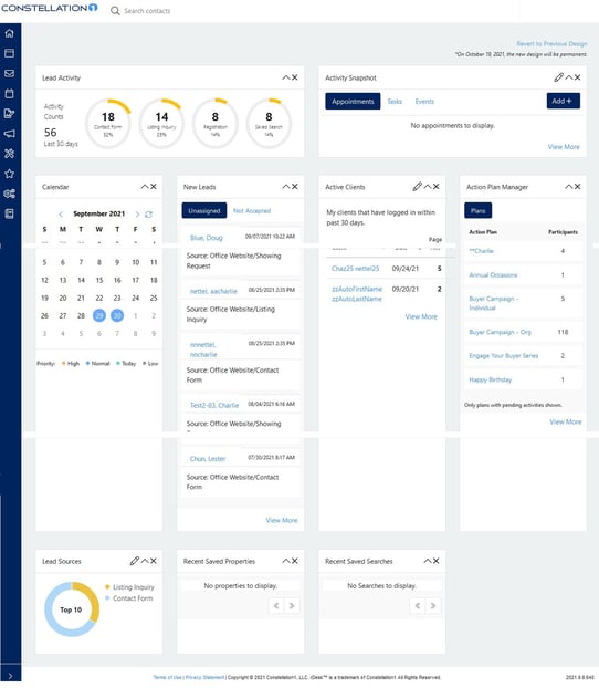 The Constellation CRM dashboard layout, showing various widgets users can customize and rearrange according to their preferences