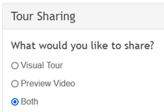 Tour Sharing settings where agents and brokers can decide what types of video content they want to share: Visual Tours, Preview Videos, or both (the radio button for “Both” is selected).