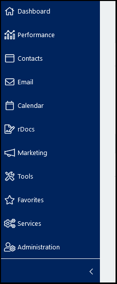 The collapsed and expanded views of the Constellation1 CRM navigation menus, starting with Dashboard and ending with Administration.