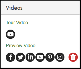 The Video sharing options in Paradym digital marketing suite. Tour Videos can be shared to YouTube, so a black YouTube icon is displayed under that text. Preview Videos can be shared to most major social media networks, so there are six black icons and a red “Trash” button under that text.