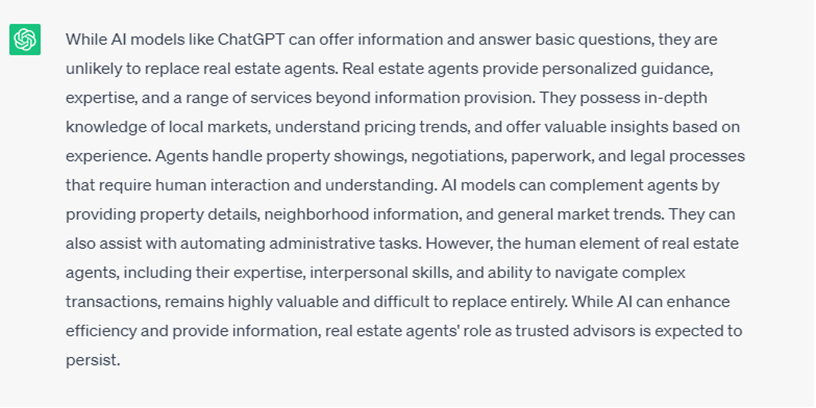 Screenshot of a ChatGPT answer about how AI models are unlikely to replace real estate agents.