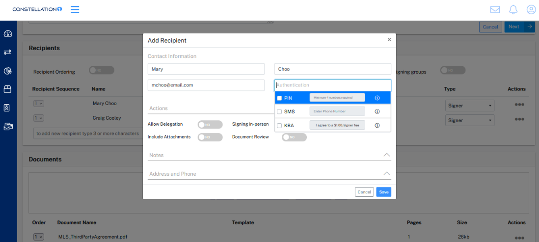 Callout using a red box of the user interface in Constellation1 eSign showing options to Resend, Update Contact, or Update Session/Document.